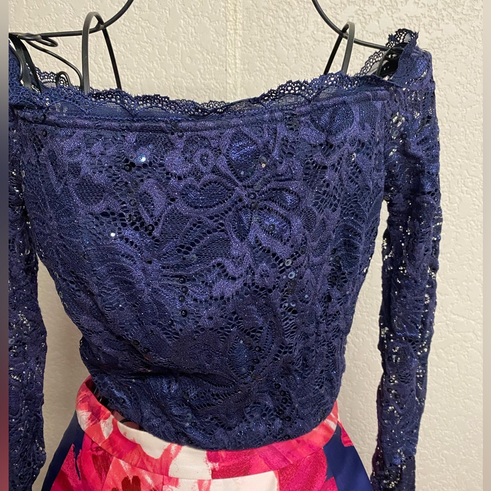 A.Byer Blue Floral Long Sleeve 2 Piece Pleated Prom Dress - Picture 3 of 15